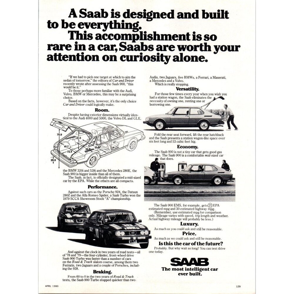 1980 Saab 900 Turbo Vintage Print Ad Car of the Future Man Cave Wall Art